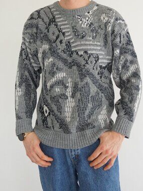 Vintage Method Grey Black Animal Graphic Knit Sweater Long Sleeve Crewneck M